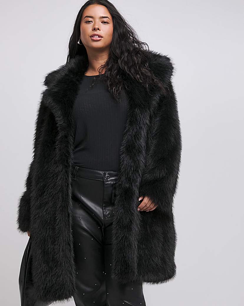 Black Collar Revere Faux Fur Coat