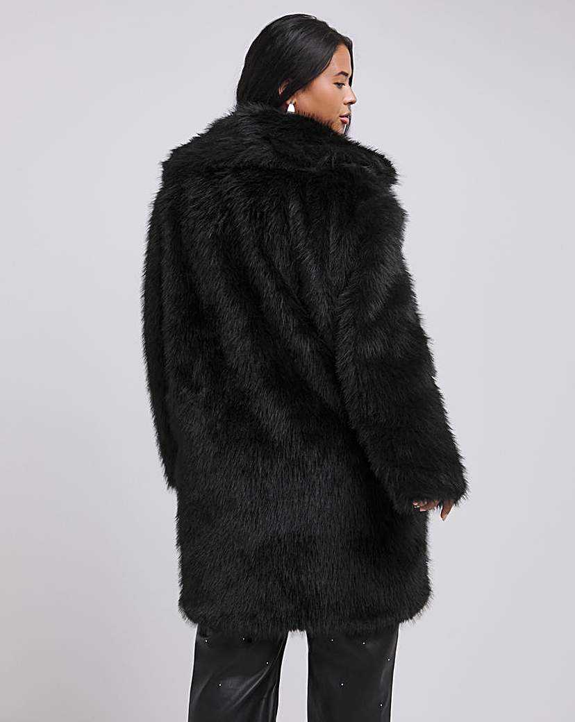 Black Collar Revere Faux Fur Coat