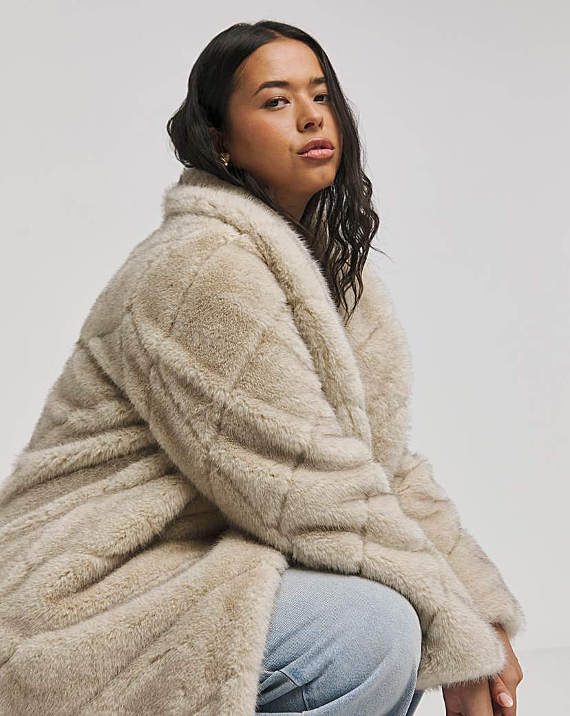 Cream Chevron Faux Fur Maxi Coat