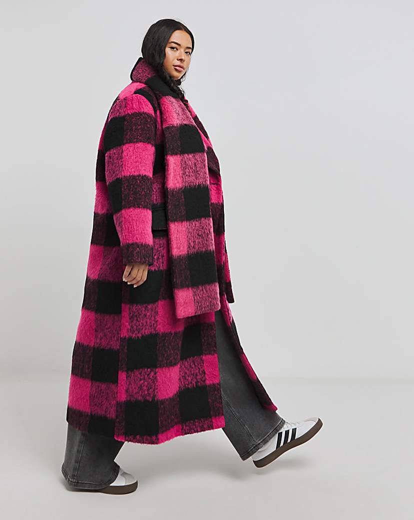 Pink Check Faux Wool Scarf Coat