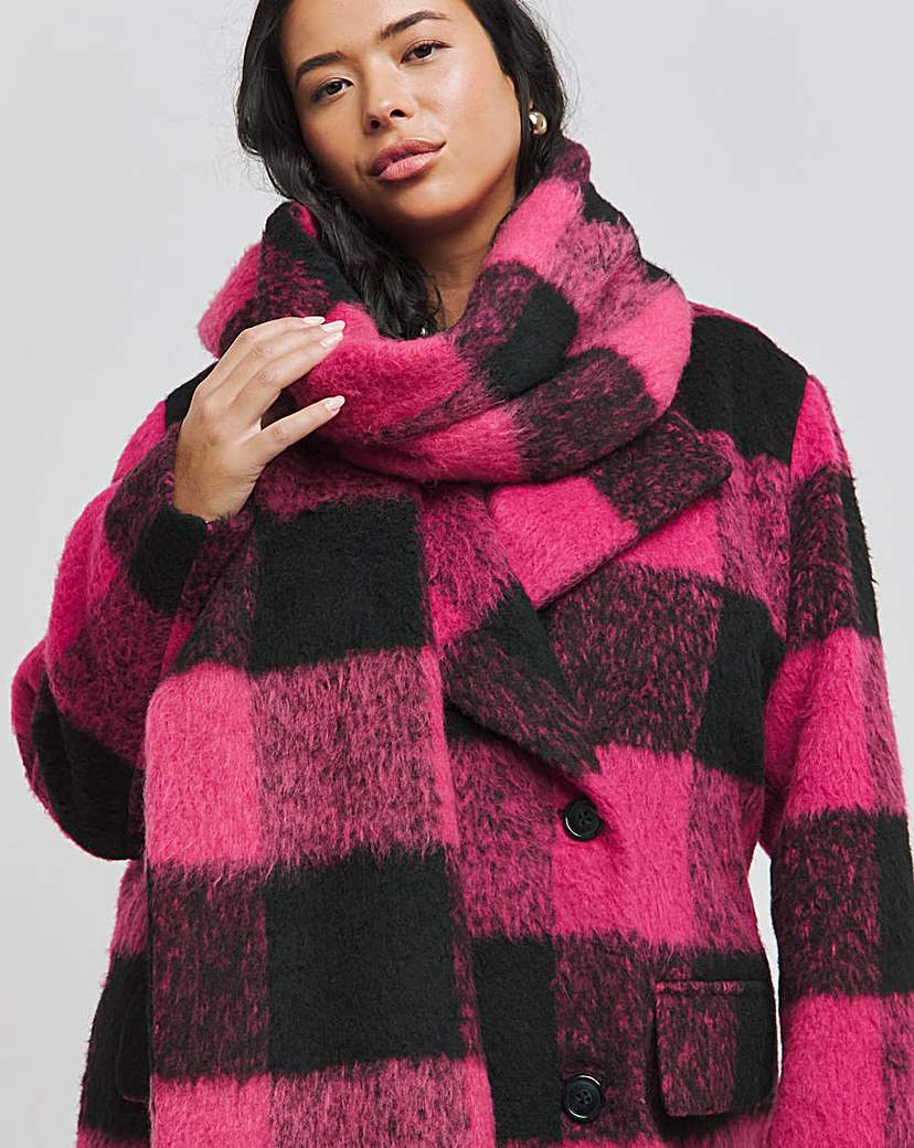 Pink Check Faux Wool Scarf Coat