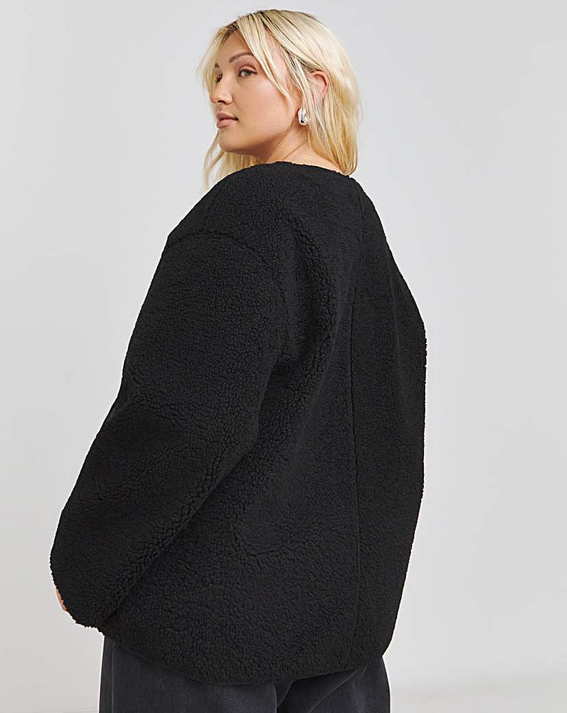 Black Round Neck Borg Jacket