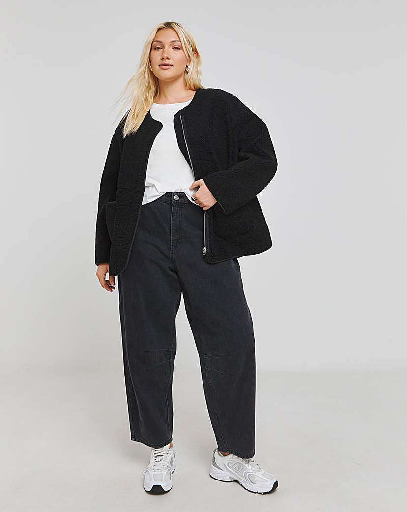 Black Round Neck Borg Jacket