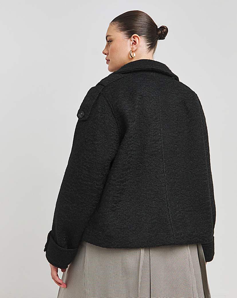 Black Cropped Faux Wool Trench