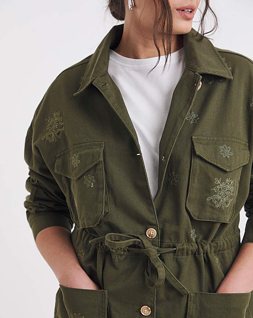 Khaki Floral Embroidered Utility Jacket