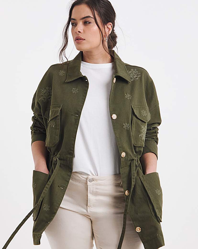 Khaki Floral Embroidered Utility Jacket