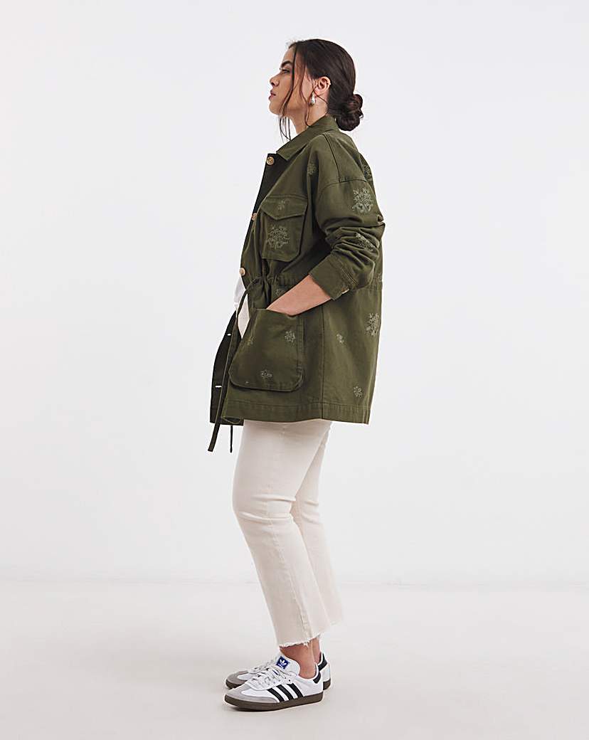Khaki Floral Embroidered Utility Jacket