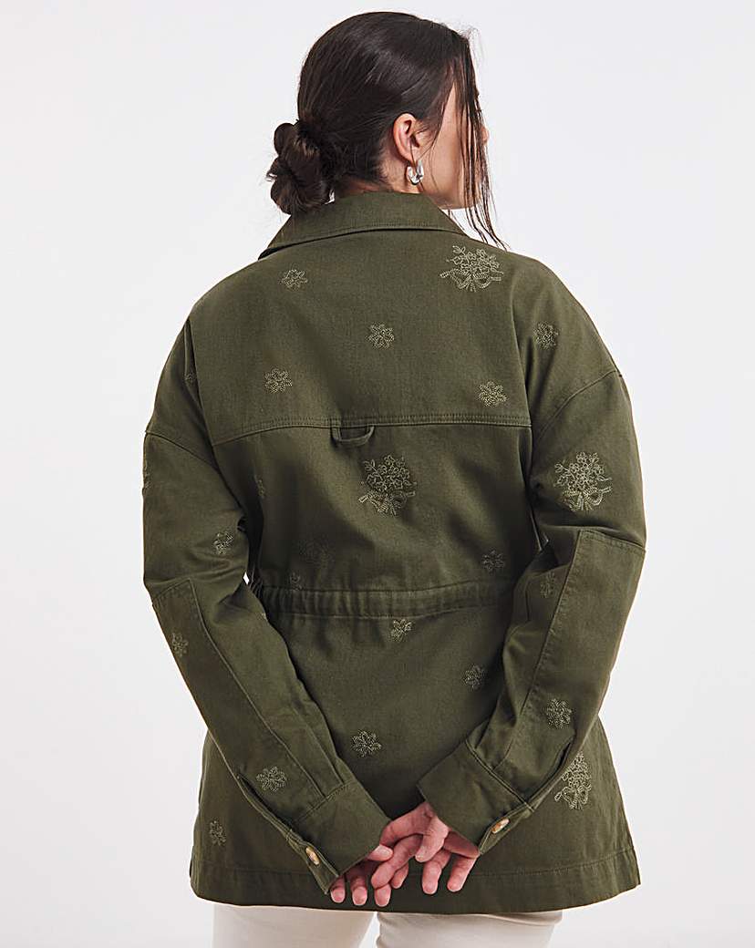Khaki Floral Embroidered Utility Jacket