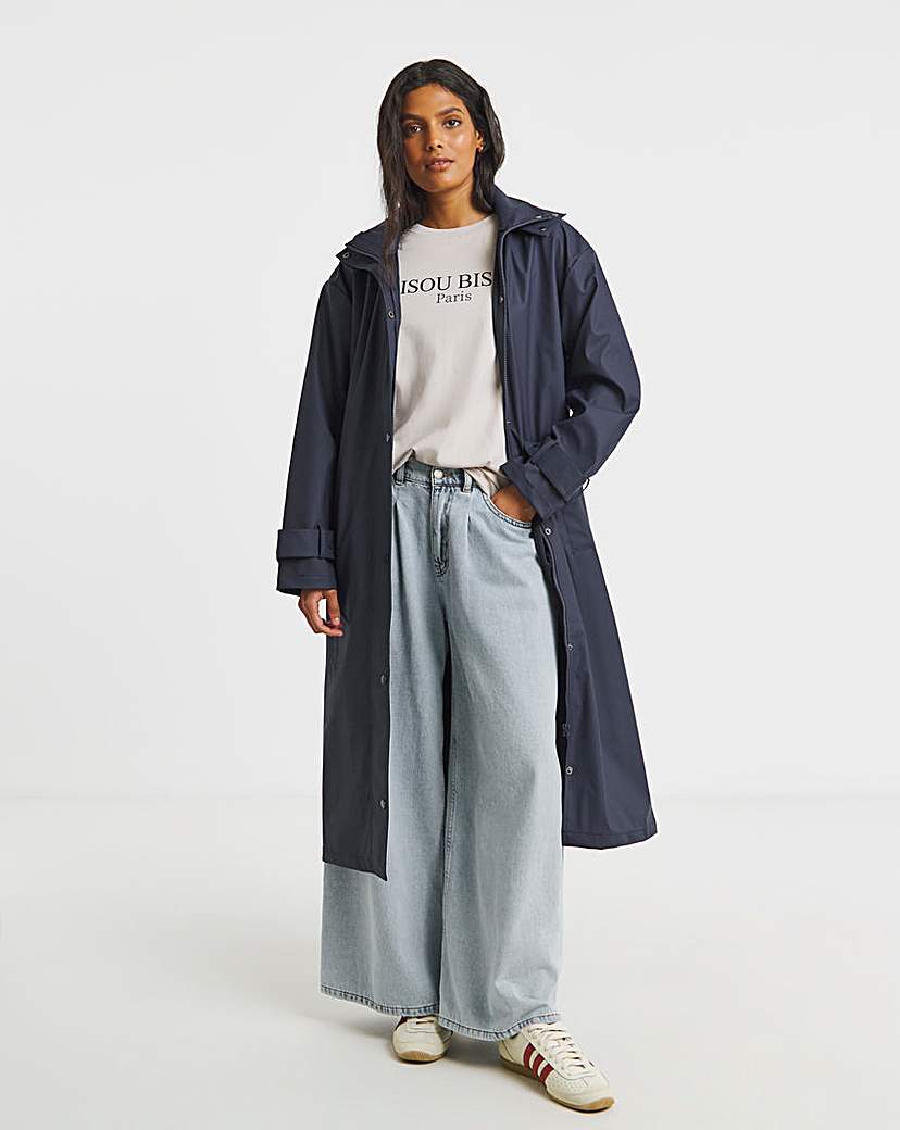 New In - Navy Longline Rubberised Raincoat