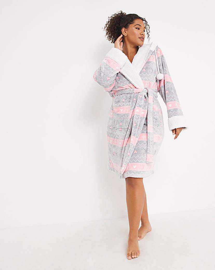 Fleece Dressing Gown With Pom Poms - Pink/Grey