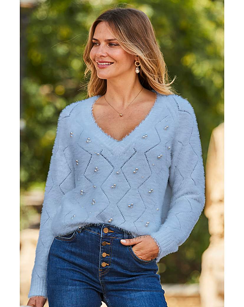 Sosandar V Neck Feather Trim Jumper