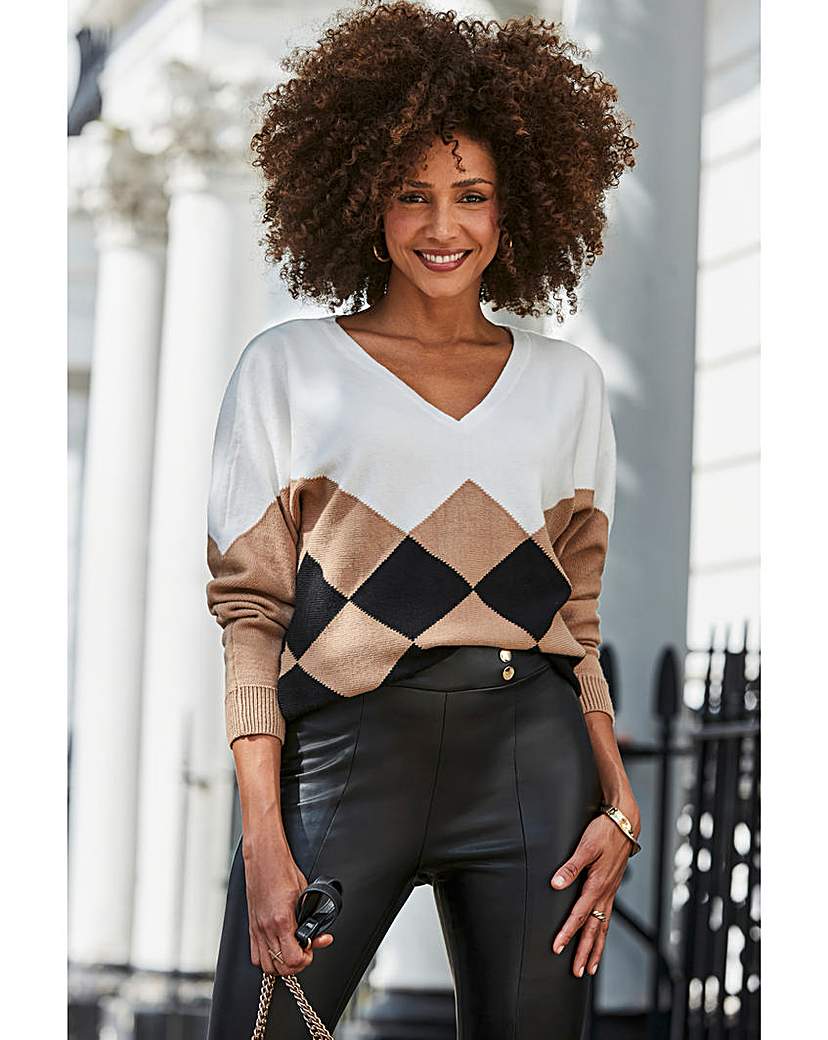 Sosandar V Neck Argyle Jumper