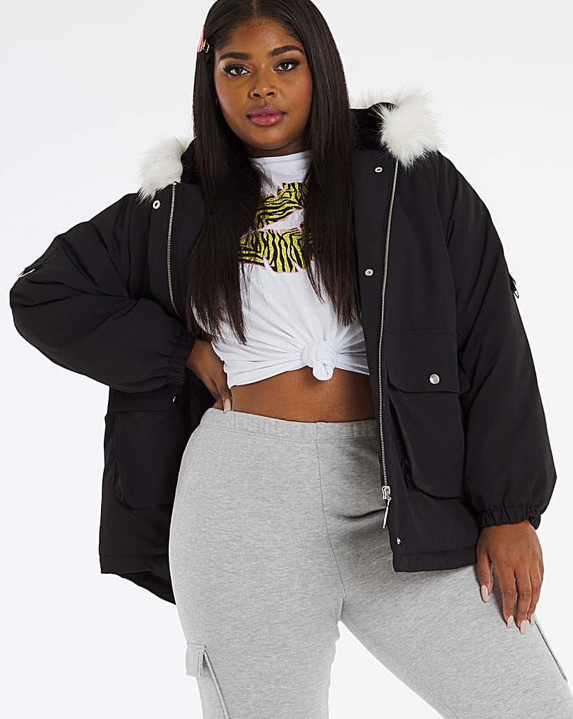 Black Oversized Dip Hem Parka Coat