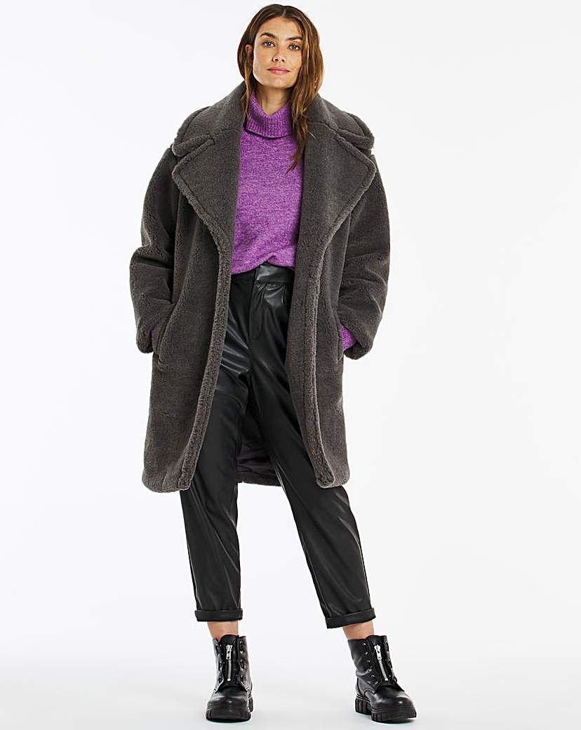 Charcoal Mid Length Teddy Faux Fur Coat