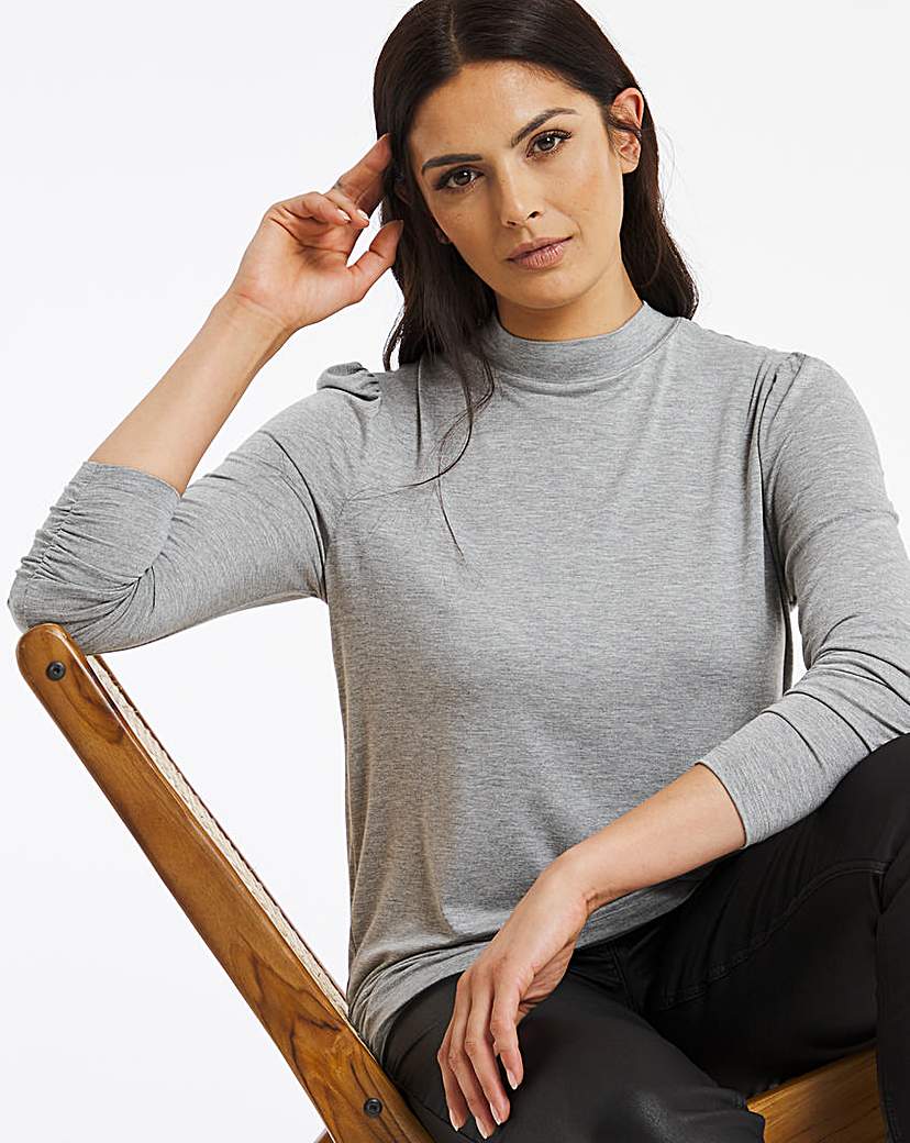 Image of Grey Puff Shoulder Roll Neck Top