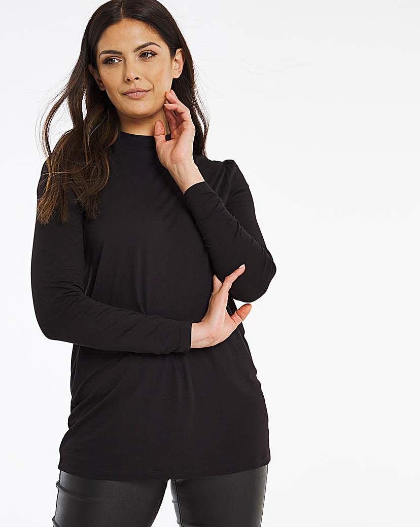 Image of Black Puff Shoulder Roll Neck Top