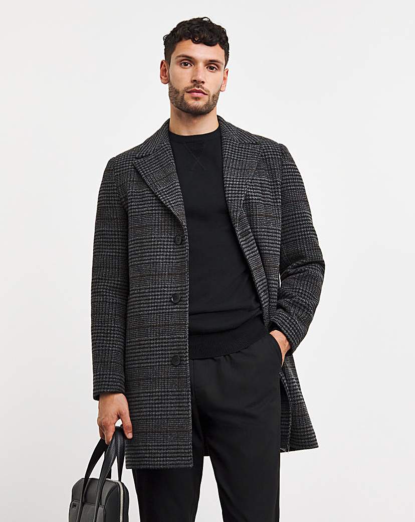 Grey Wool Blend Check Overcoat