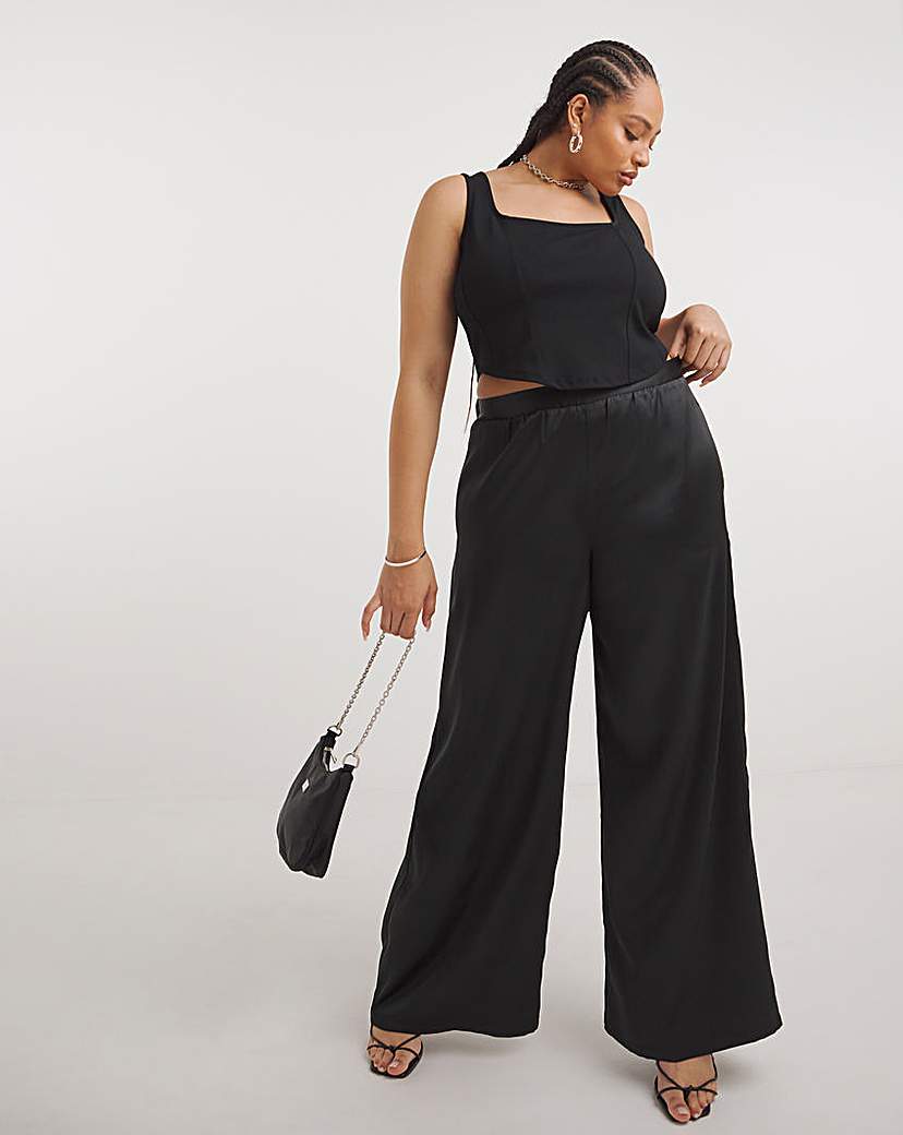 Black Stretch Satin Palazzo Trousers