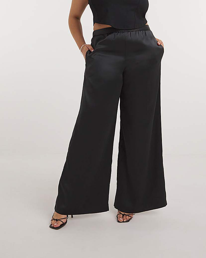 Black Stretch Satin Palazzo Trousers