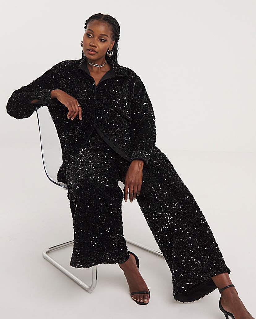 Black Wide Leg Sequin Trousers