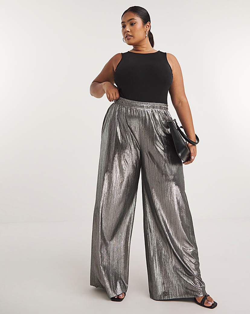 Metallic Plisse Wide Leg Trousers - Silver