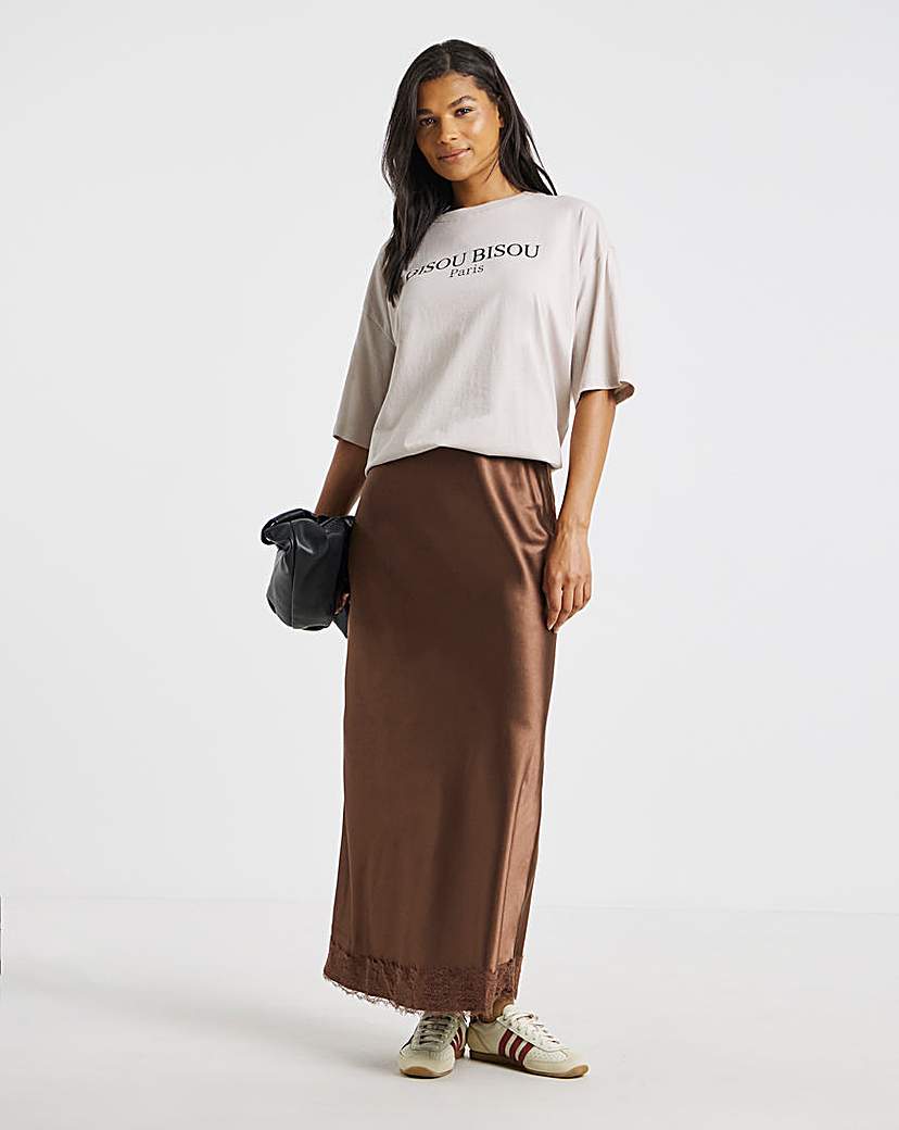 Satin Lace Hem Midaxi Skirt