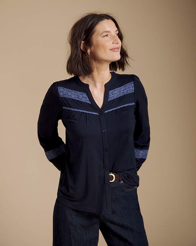 Julipa Navy Lace Trim Jersey Blouse