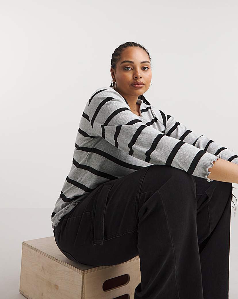 Grey Slash Neck Rib Top with Frill Hem
