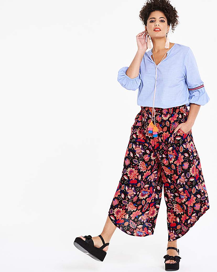 Image of Black Floral Crinkle Shirred Culottes
