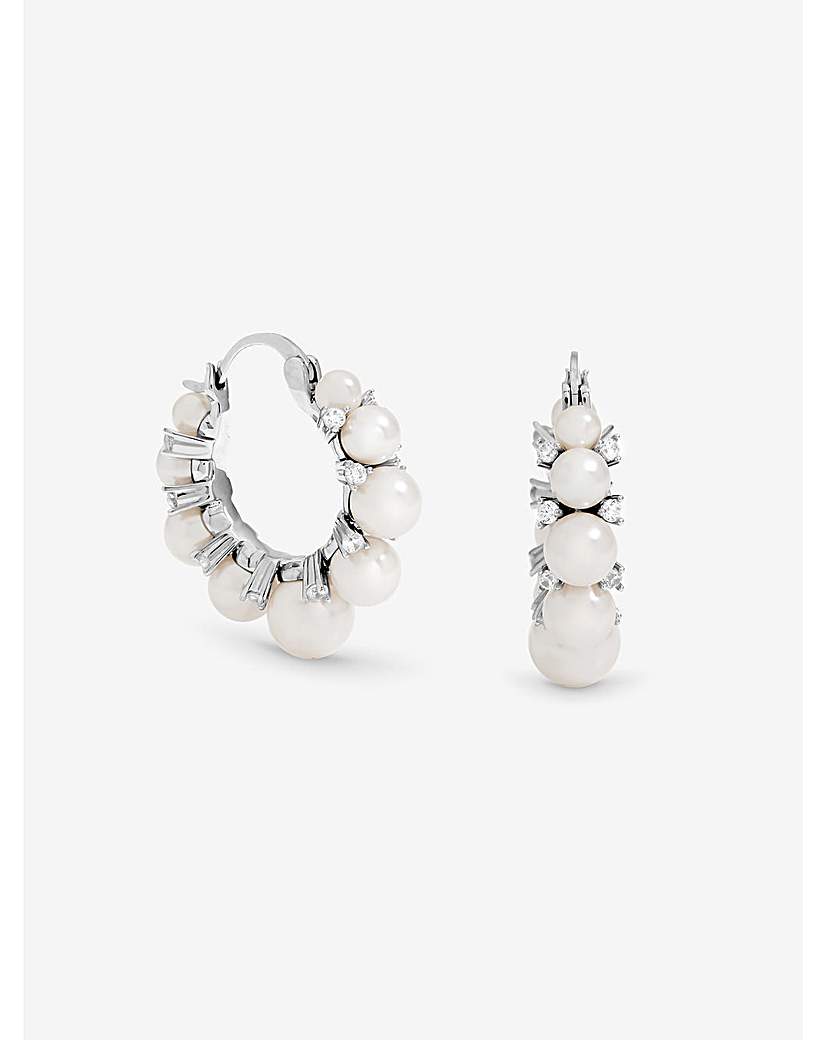 New In - Rhodium Plated Pearl Crystal Hoops