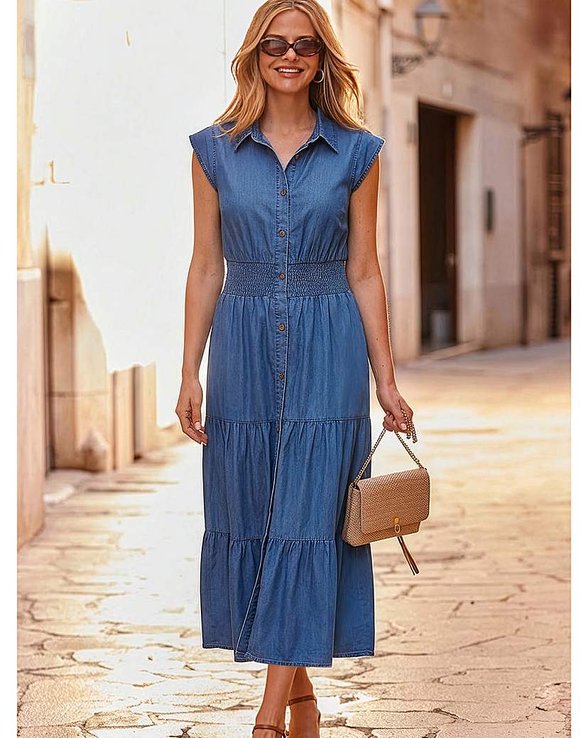 Sosandar Mid Wash Shirred Waist Denim Dress - Size 20