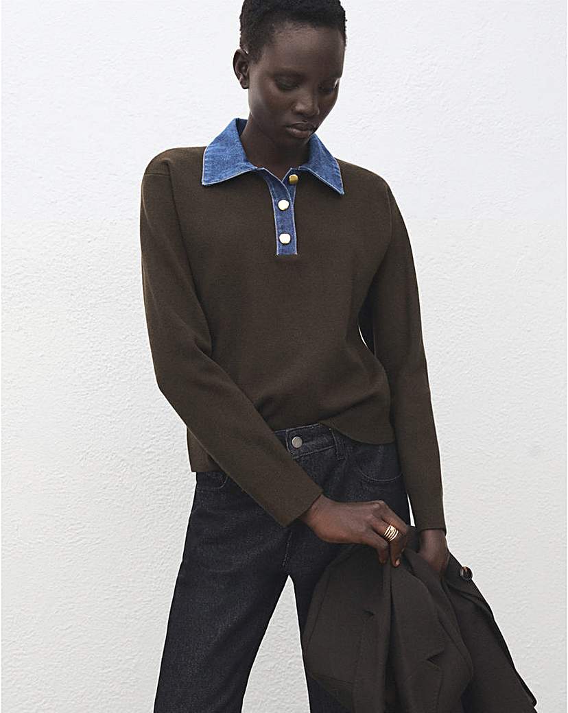 Mango Dark Brown Sweater With Denim Collar - Extra Large