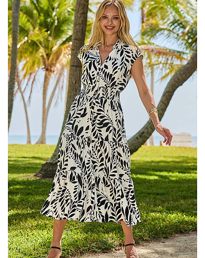 Sosandar Black Wood Block Shirred Wasit Dress - Size 24