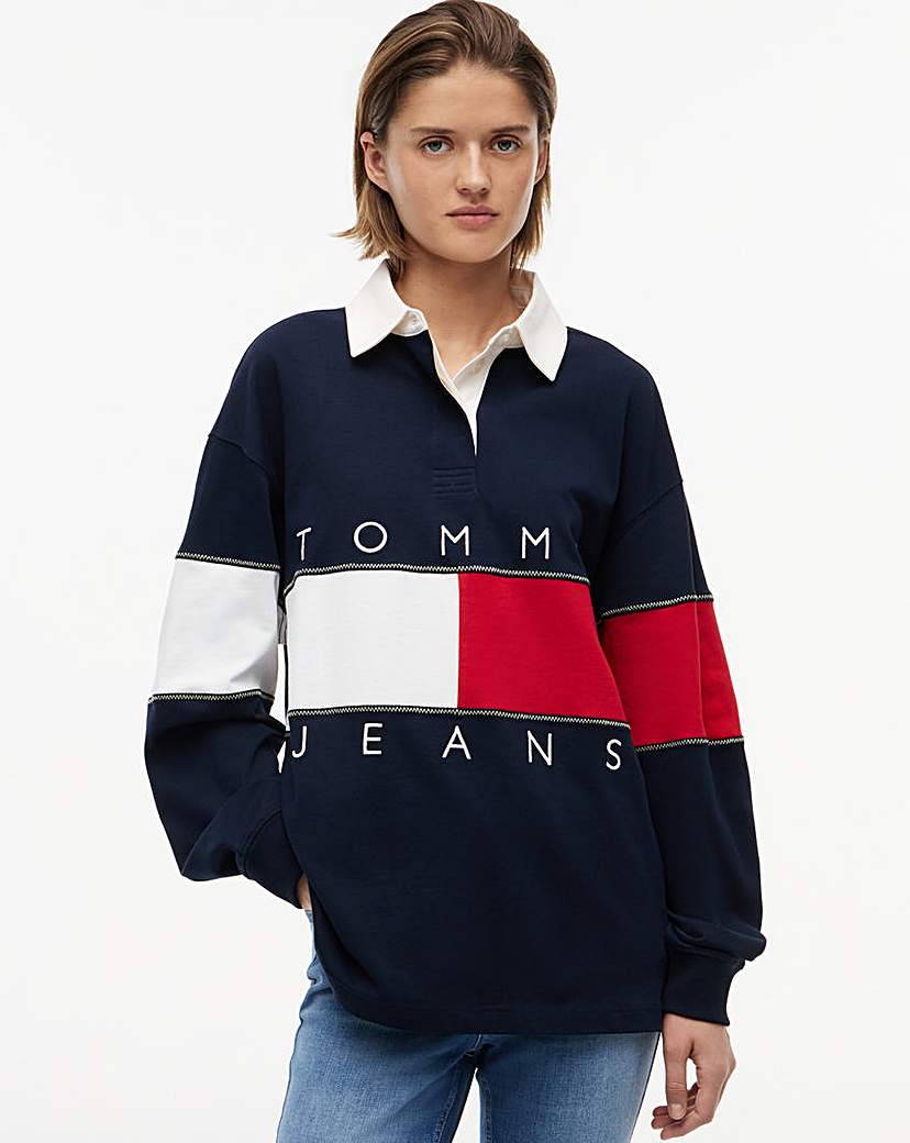 Tommy Jeans Women's Navy Flag Rugby Sweatshirt Medium