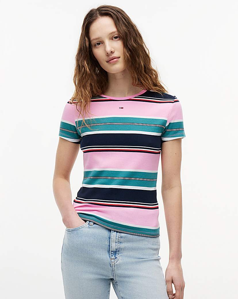 Tommy Jeans Pink Multi-Coloured Slim Essential Rib Tee - Small