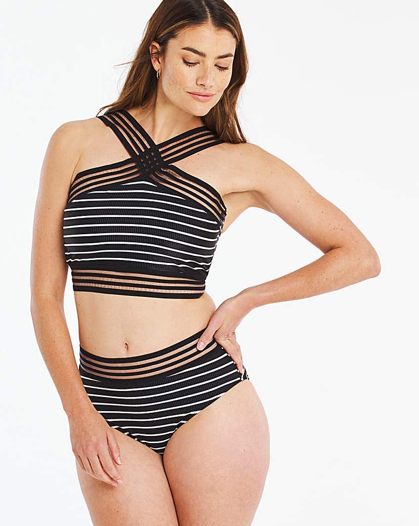 Mesh Elastic Trim High Neck Bikini Set - Mono Stripe