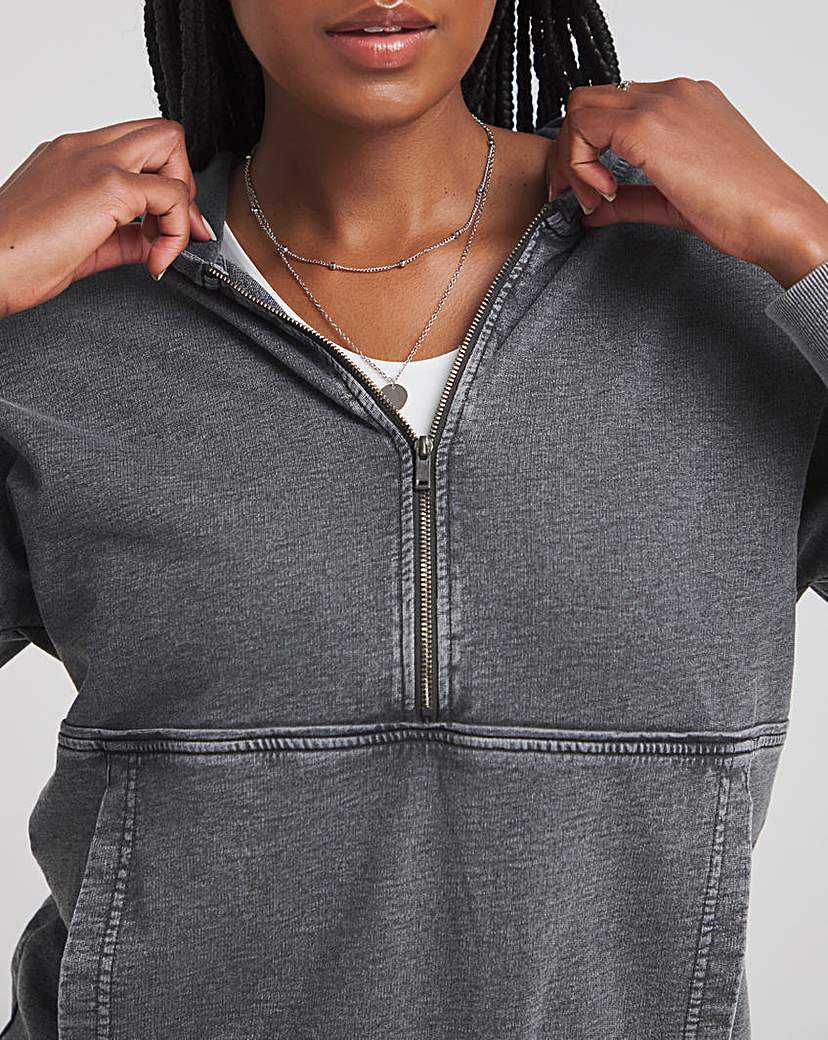 Acid Wash Half Zip Hoodie with Piping