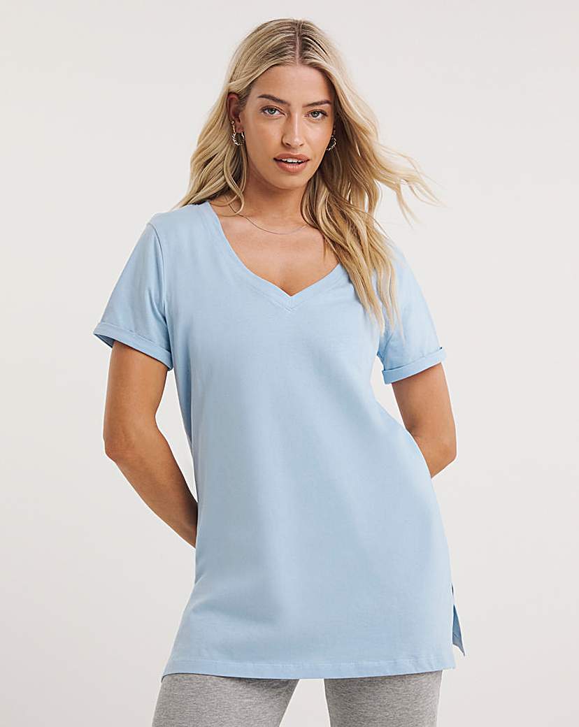 Soft Blue Longline Side Split V Neck Tee