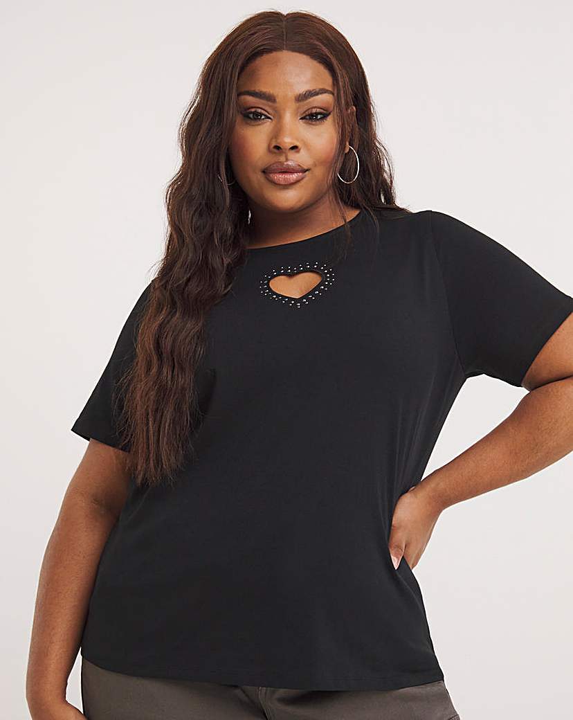 Balck Diamante Heart Cut Out Tee