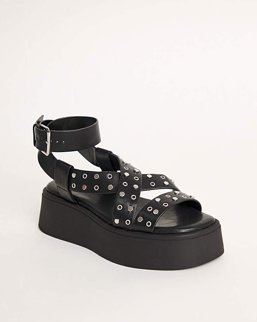 Studded Cross Flatform Sandal Ex Wide