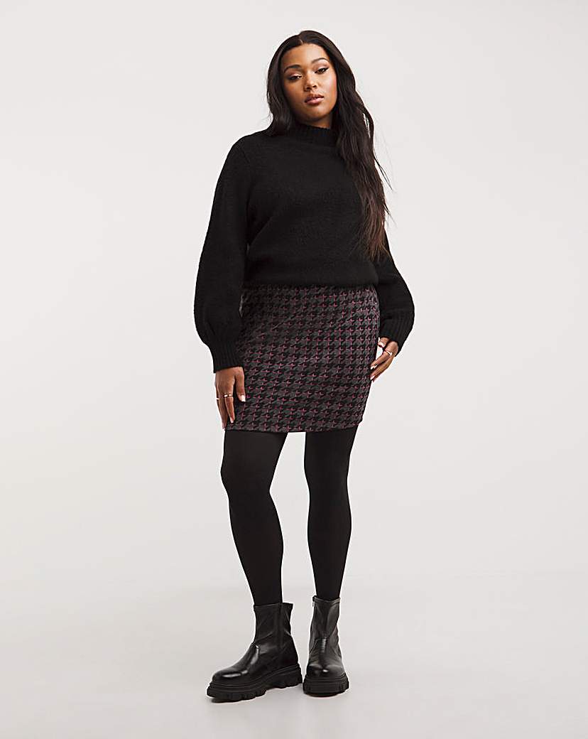Houndstooth Ponte Curved Hem Mini Skirt