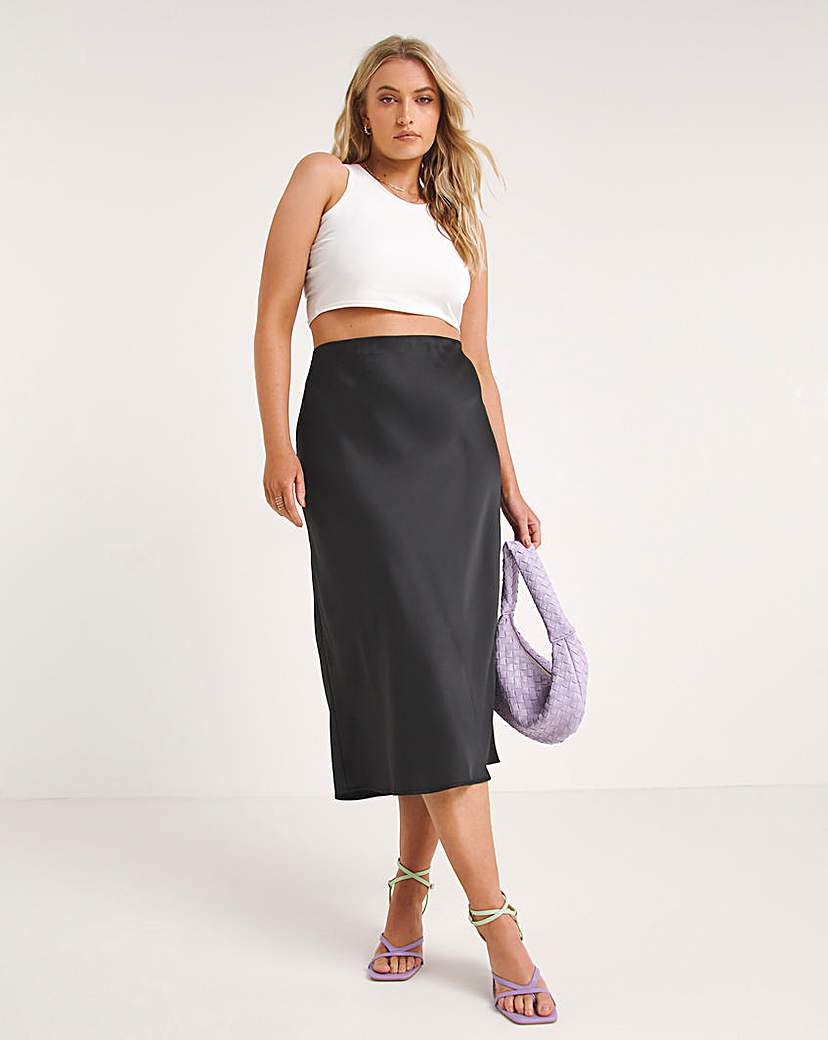 Black Elasticated Waist Satin Midi Skirt