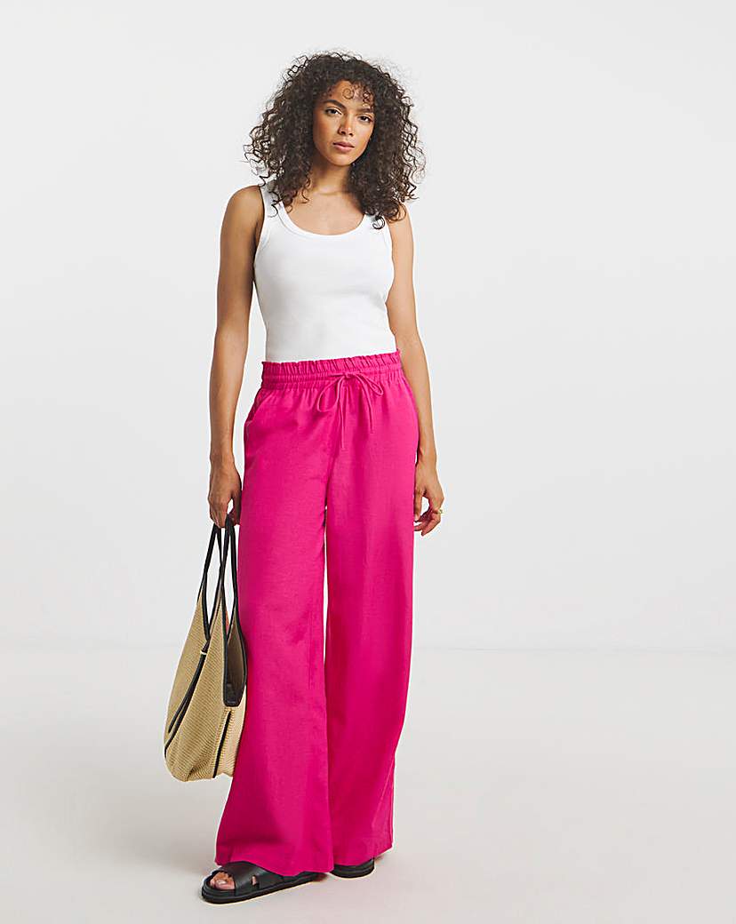 Pink - Women's - Hot Pink Linen Wide Leg Trouser - Size 10