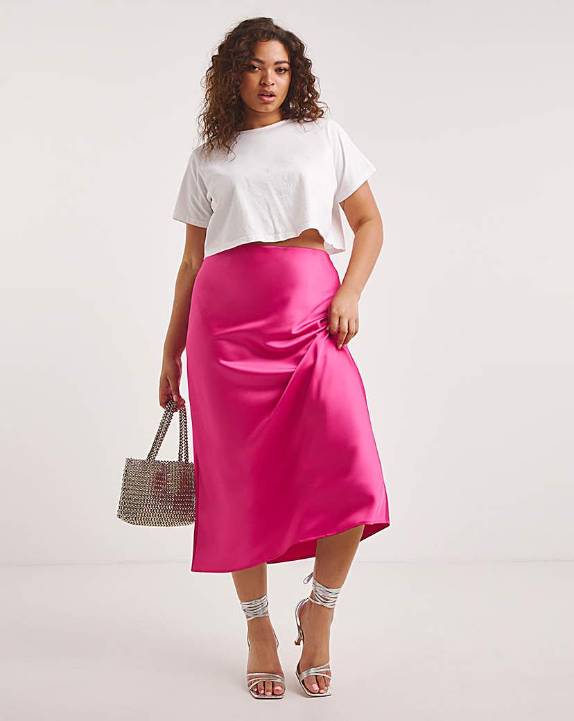 Hot Pink - Women's - Hot Pink Stretch Satin Midi Skirt - Size 32