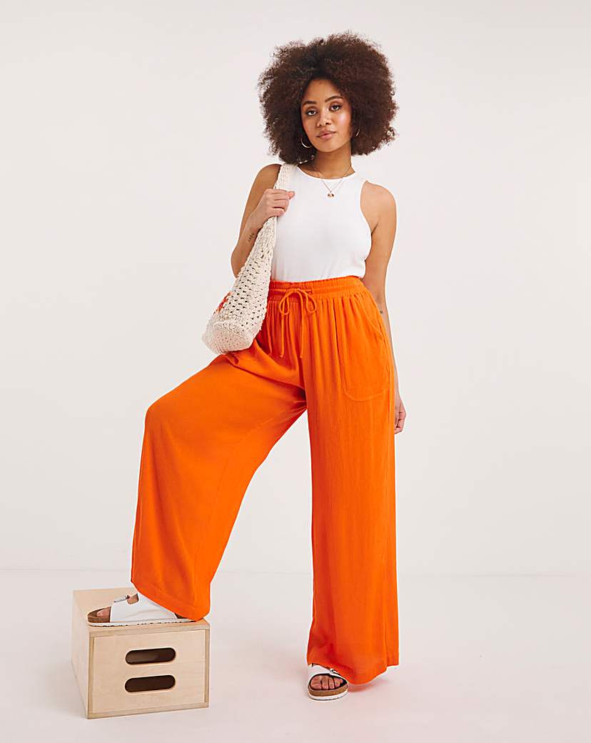 Crinkle Tie Waist Wide Leg Trouser