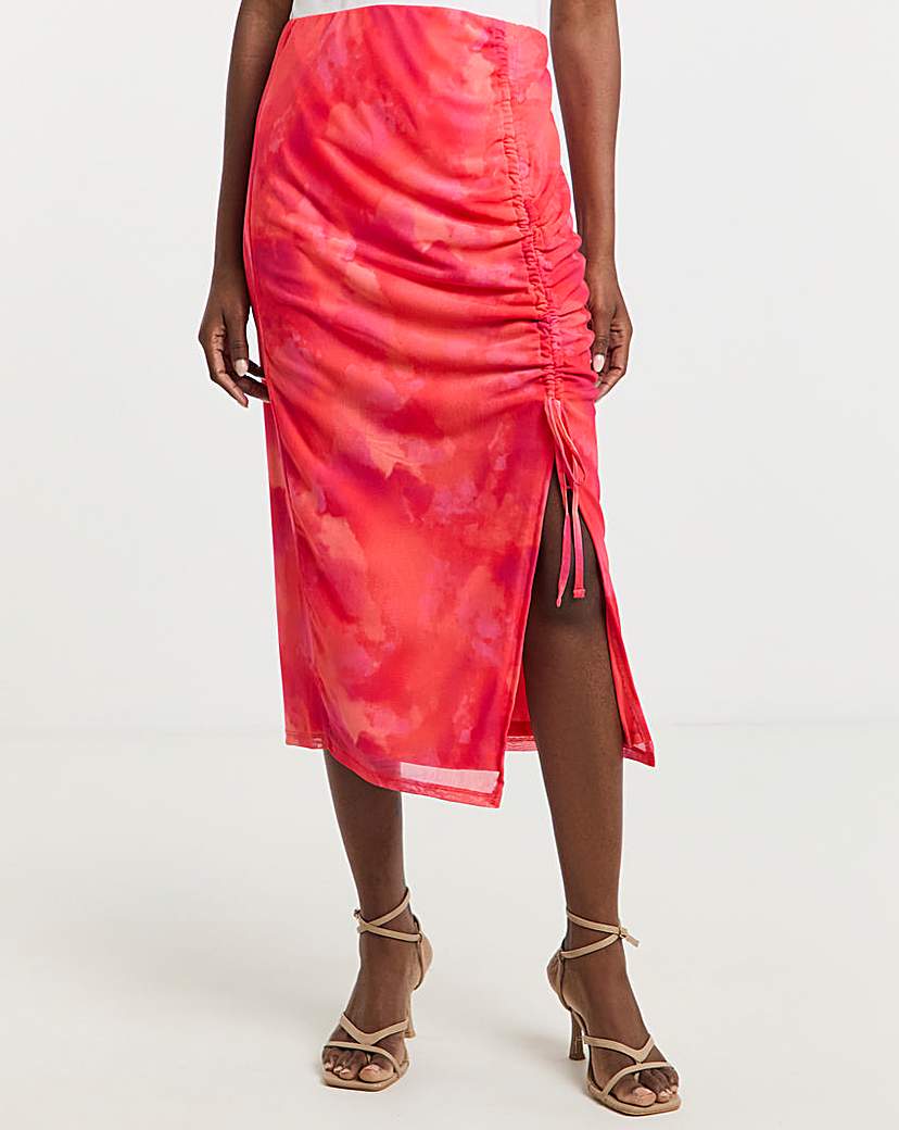 Mesh Overlay Ruched Side Midi Skirt