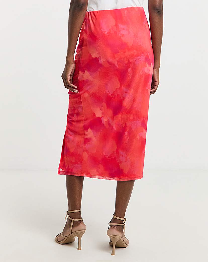 Mesh Overlay Ruched Side Midi Skirt