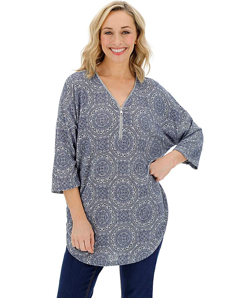 Image of Grey Print Zip Front Knit Look Jumper