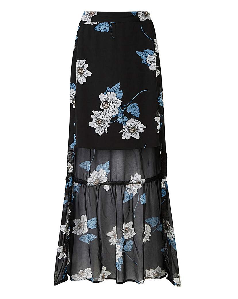 Double Split Print Maxi Skirt - Black Floral