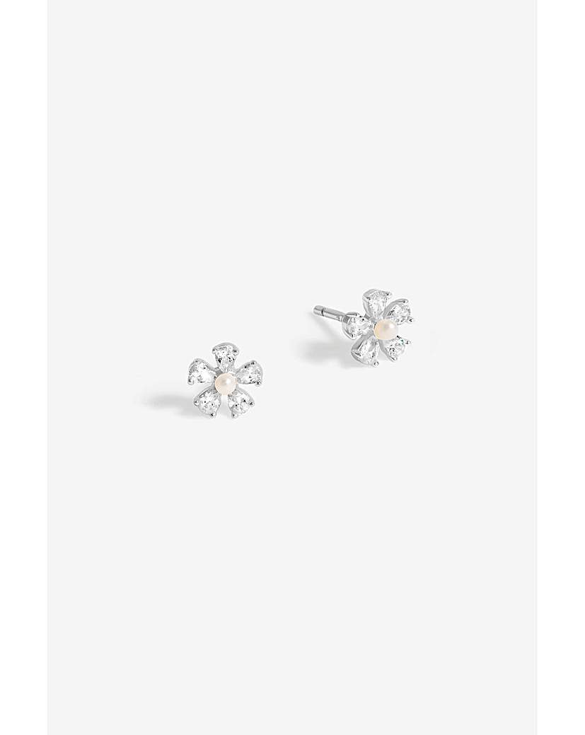 Simply Silver CZ and Pearl Flower Studs